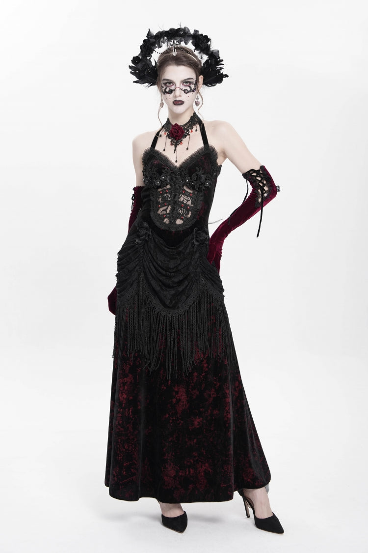 Red Sleeveless Hollow Floral Embroidery Lace-Up Pleated Women's Gothic Maxi Dress - Red - 1
