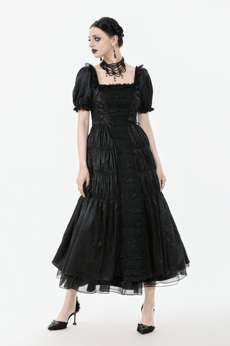 Black Lace Square Collar Short Puff Sleeves Lace-Up Ruched Women's Gothic Wedding Dress - Product - 10