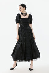 Black Lace Square Collar Short Puff Sleeves Lace-Up Ruched Women's Gothic Wedding Dress - Product - 10