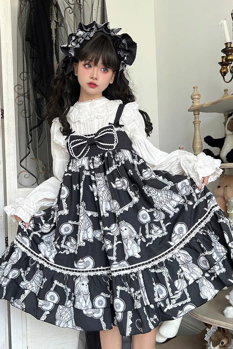 Black Wolf Detective Print Ruffle Bowknot Sweet Lolita Jsk Dress - Product - 5