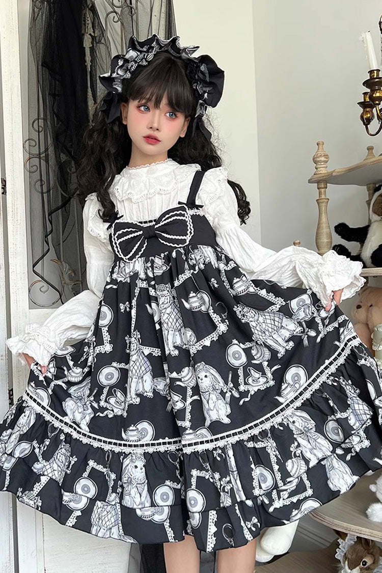 Black Wolf Detective Print Ruffle Bowknot Sweet Lolita Jsk Dress - Product - 5