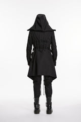 Black Stand Collar Long Sleeves Hooded Faux Two-Piece Zippered Men's Punk Big Pockets Strappy Jacket - Product - 4