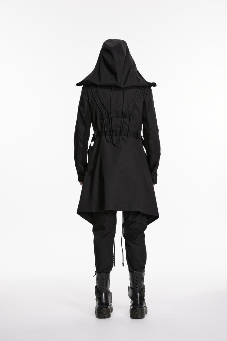 Black Stand Collar Long Sleeves Hooded Faux Two-Piece Zippered Men's Punk Big Pockets Strappy Jacket - Product - 4