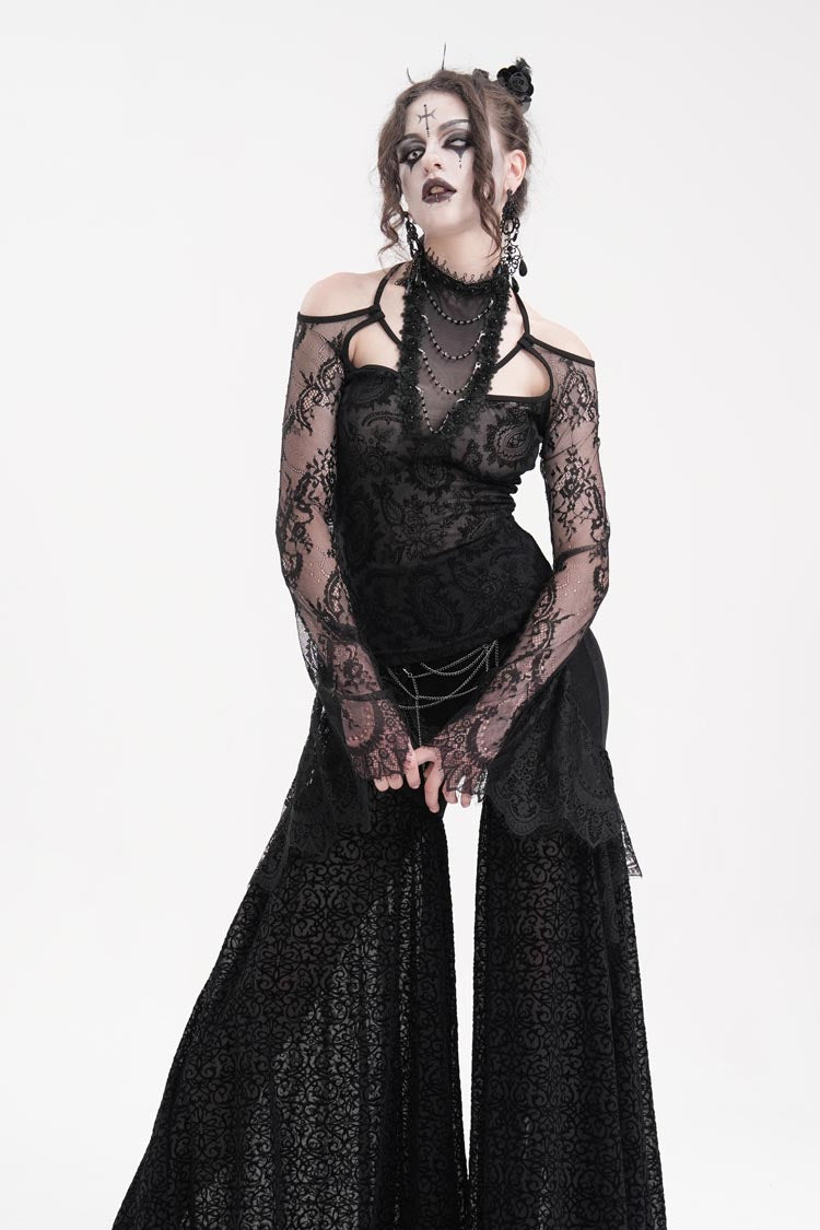 Black Long Sleeves Hollow Lace Mesh Ripped Women's Gothic Blouse - Product - 2