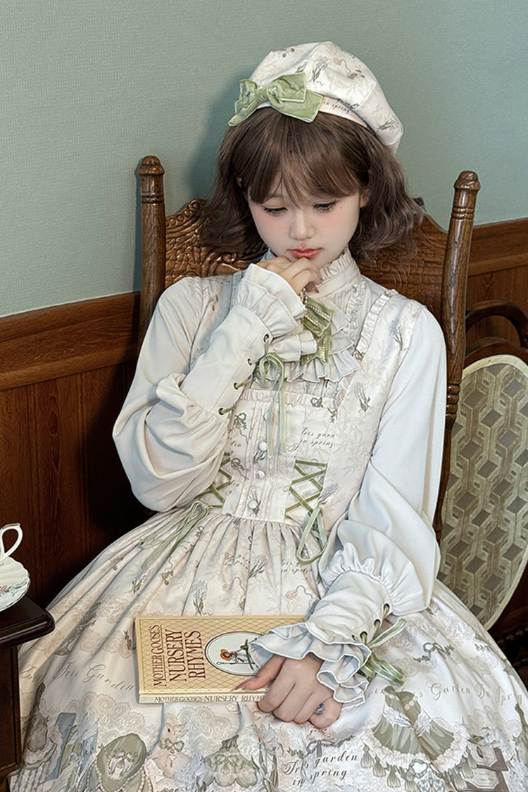 [Iris Study] Square Collar Print Bowknot Lace-Up Sweet Lolita Jumper Dress 2 Colors - Product - 14