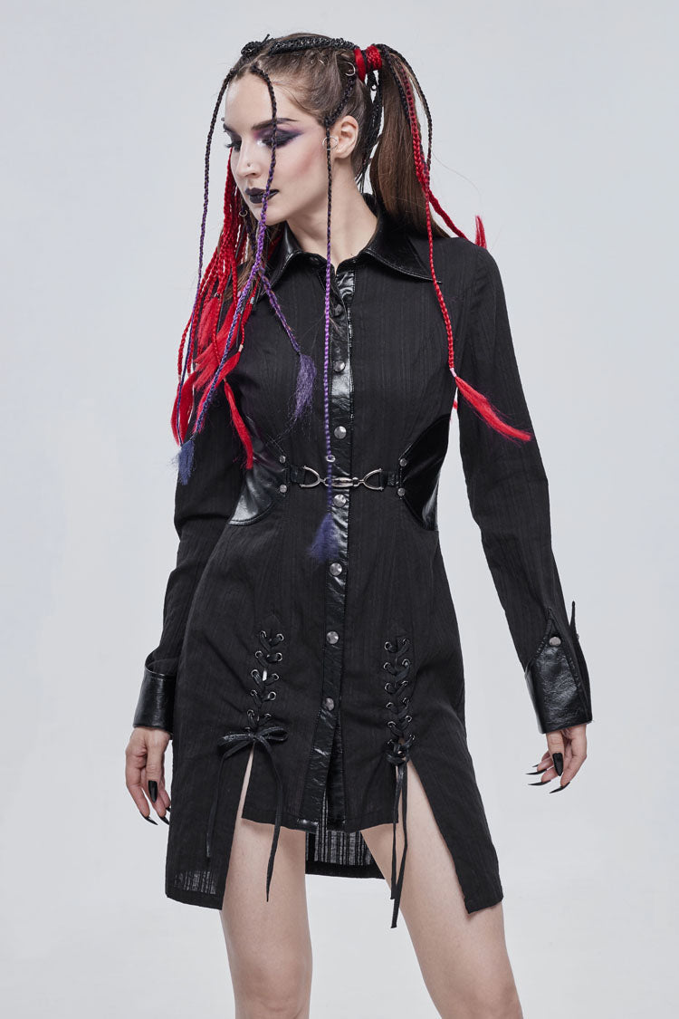 Black Vertical Suture Texture Leather Metal Buckle Design Decoration Long Women's Punk Shirt - Product - 2