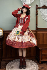 Wine Red [Fox Band] Print Square Collar Bowknot Classic Lolita Jumper Dress - Product - 13