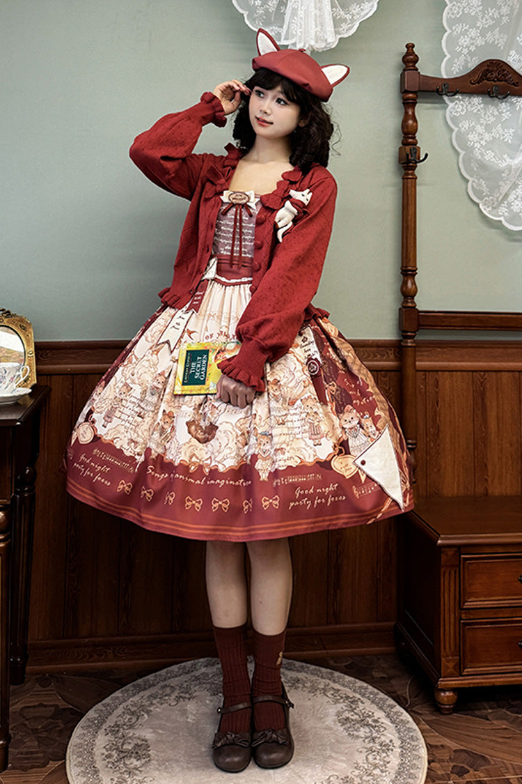 Wine Red [Fox Band] Print Square Collar Bowknot Classic Lolita Jumper Dress - Product - 13