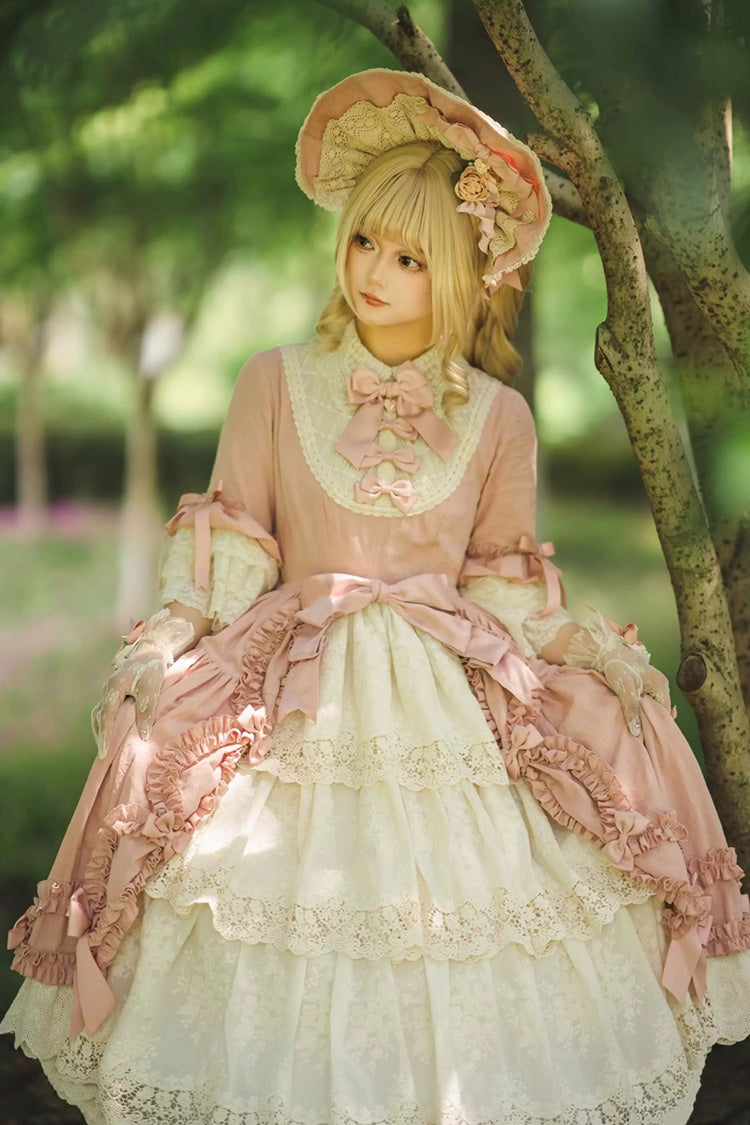 Pink [Lilica Garden] Lapel Collar Short Trumpet Sleeves Ruffled Open-Front Bow Lace Sweet Elegant Luxurious Lolita Dress - Product - 4