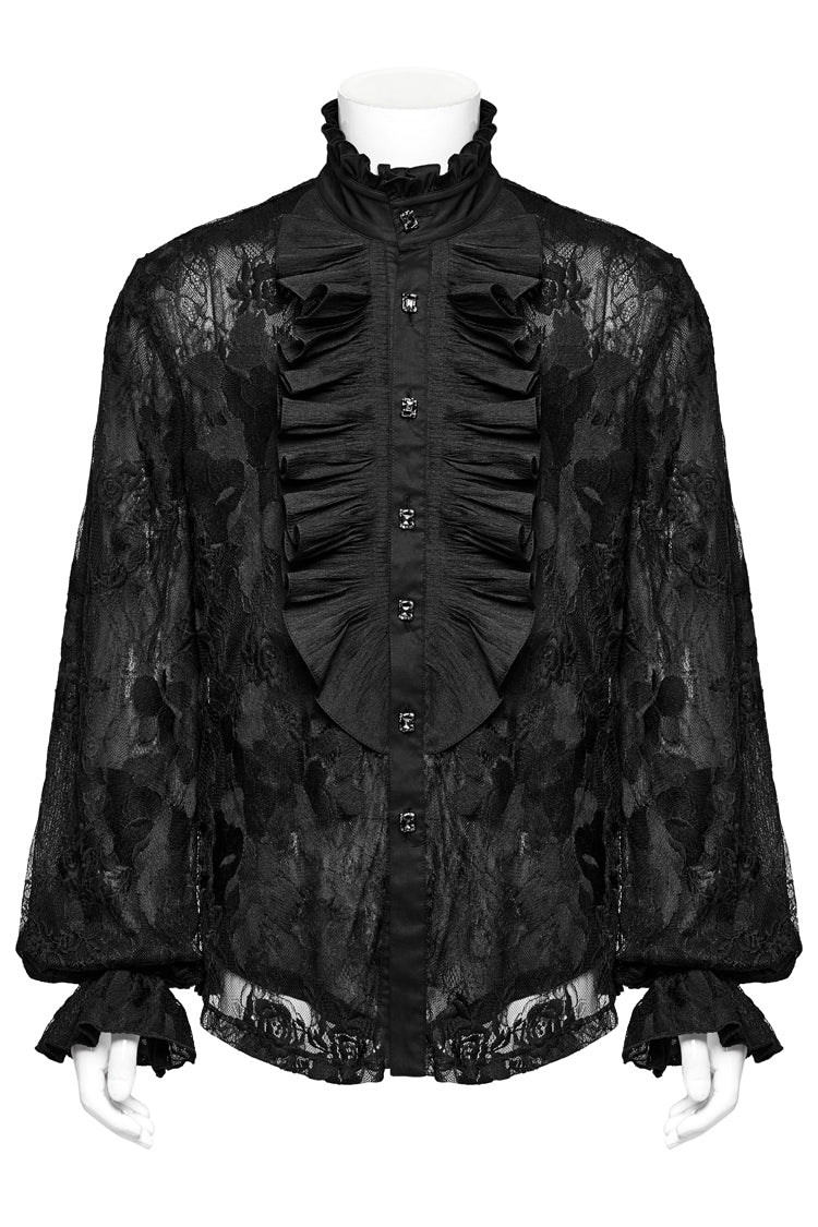 Black Stand Collar Lantern Sleeves Print Ruffle Lace Men's Gothic Blouse - Product - 5