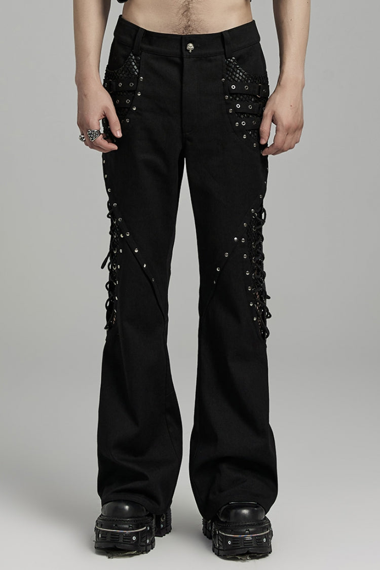 Black Stitching Lace-Up Mesh Men's Gothic Flared Pants - Black - 1