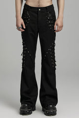 Black Stitching Lace-Up Mesh Men's Gothic Flared Pants - Black - 1