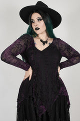 Purple V-Neck Front Splice Rose Lace Mesh Back Waist Lace-Up Irregular Hem Plus Size Knit Women's Gothic T-Shirt - Product - 4