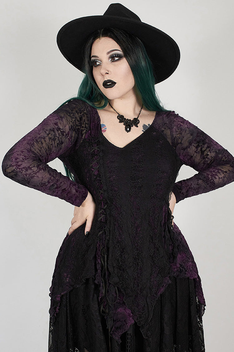 Purple V-Neck Front Splice Rose Lace Mesh Back Waist Lace-Up Irregular Hem Plus Size Knit Women's Gothic T-Shirt - Product - 4