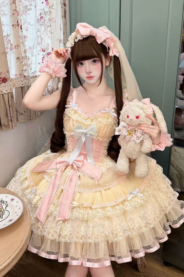 Yellow/Pink [Cream Mille-Feuille] Square Collar Multi-Layered Ruffled Bow Lace Sweet Balletcore Lolita Jsk Dress - Yellow/Pink - 1