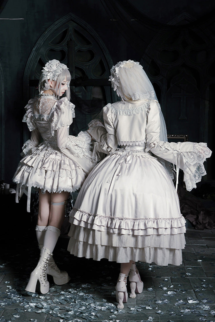 Solid Color [Bionic Doll] Square Collar Multi-Layered Ruffle Bowknot Lace-Up Gothic Lolita Long Skirt Corset Set - Product - 17