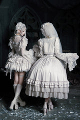 Solid Color [Bionic Doll] Square Collar Multi-Layered Ruffle Bowknot Lace-Up Gothic Lolita Long Skirt Corset Set - Product - 17