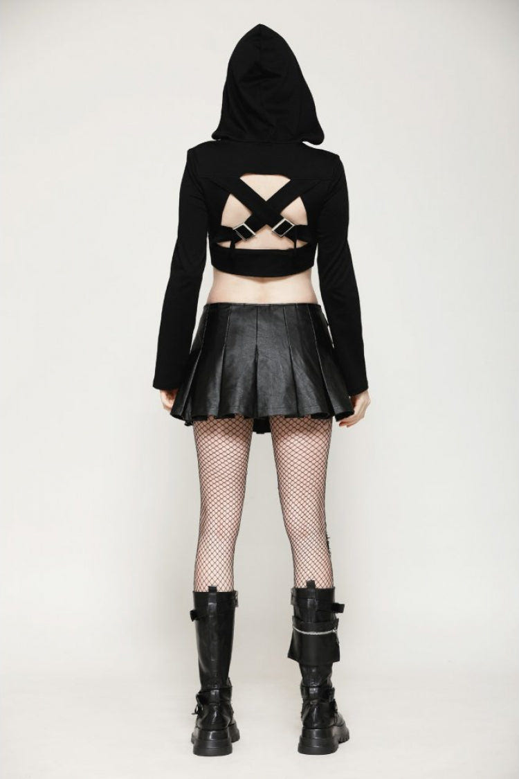Black Long Sleeves Cut-Out Buckled Women's Punk Shrug with Hood - Product - 4