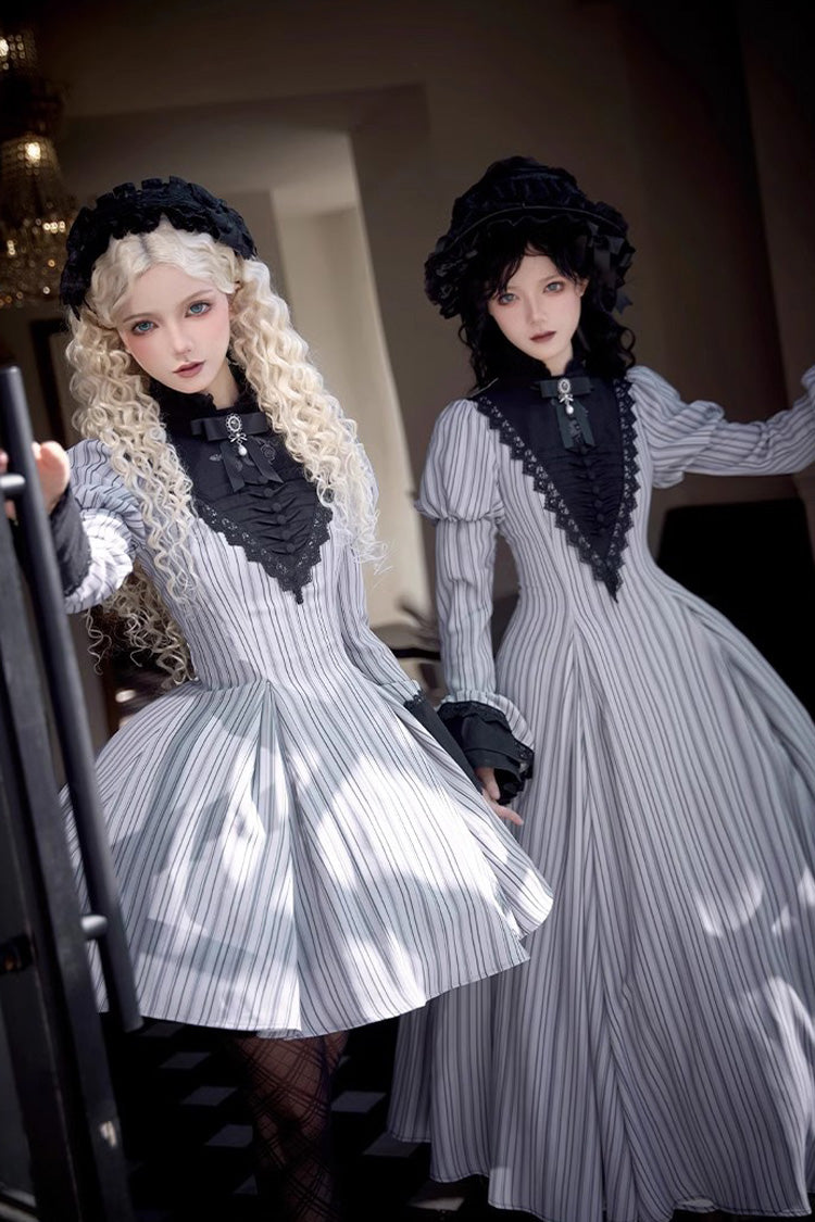 Light Grey [Nocturne] Vertical Stripes Print Ruffle Bowknot Lace Gothic Lolita Dress 2 Versions - Product - 14