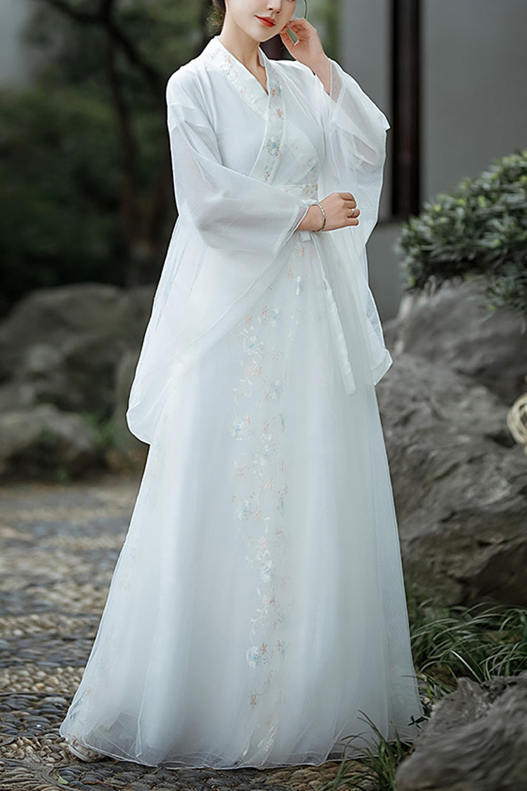 White Chinese Ancient Style Jiangnan Embroidered Sweet Hanfu Dress - White - 1