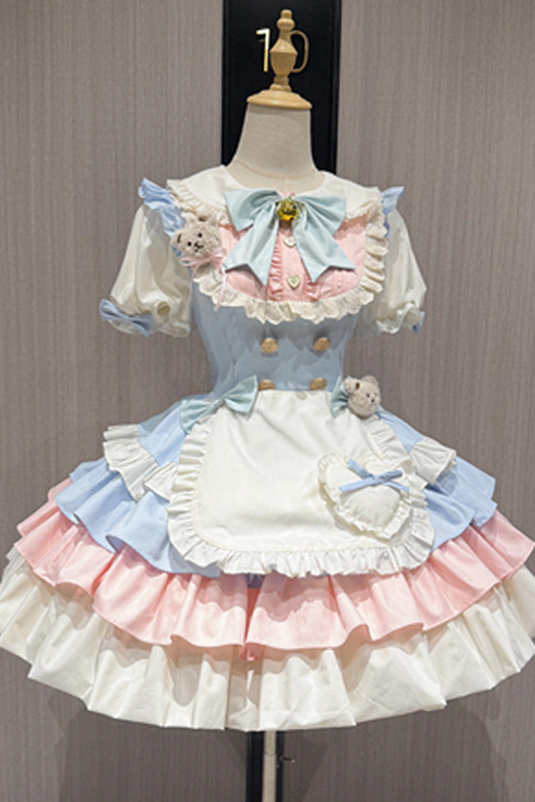 Blue/Pink [Cream Puffs] Short Puff Sleeves Triple-Layered Ruffle Bowknot Sweet Lolita Dress - Product - 4