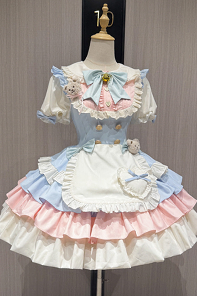 Blue/Pink [Cream Puffs] Short Puff Sleeves Triple-Layered Ruffle Bowknot Sweet Lolita Dress - Product - 4