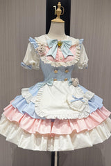 Blue/Pink [Cream Puffs] Short Puff Sleeves Triple-Layered Ruffle Bowknot Sweet Lolita Dress - Product - 4