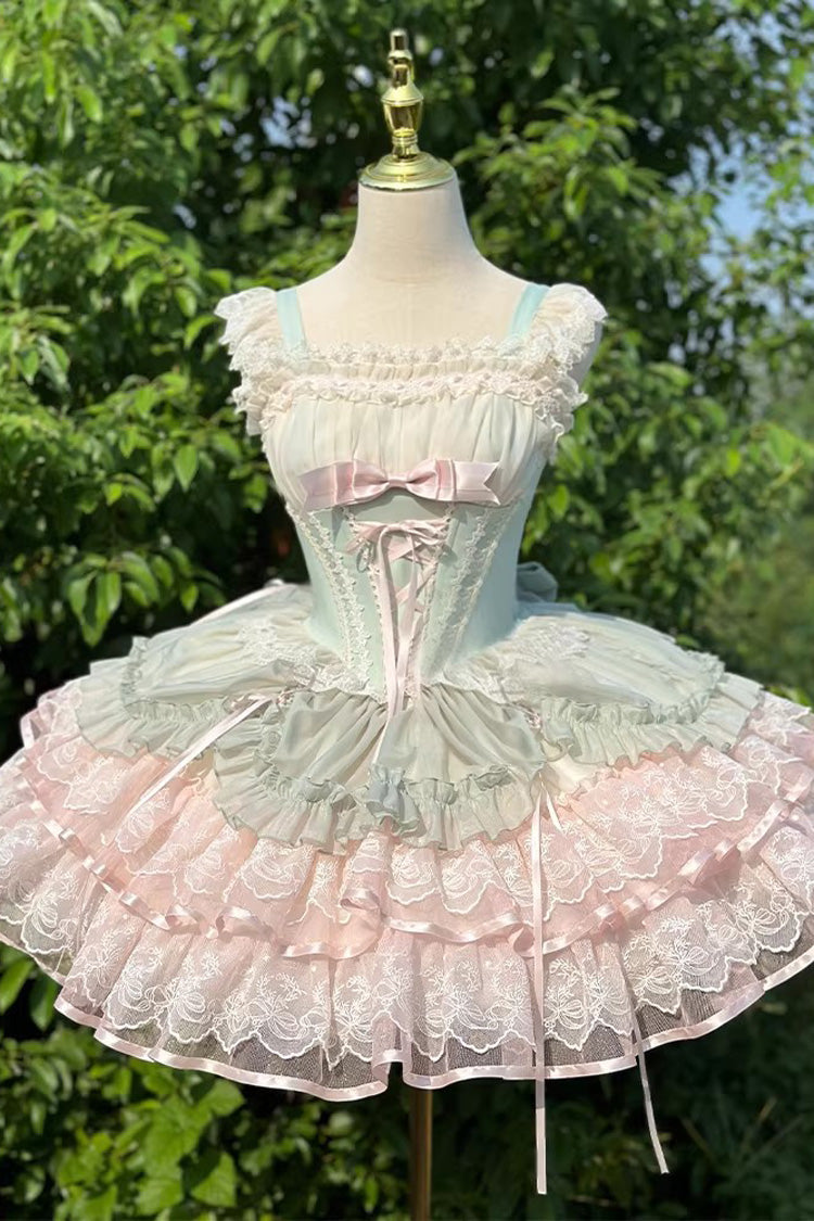 Green [Bale Bebe] Sleeveless Triple-Layered Ruffled Bow Lace-Up Sweet Ballet Lolita Dress - Product - 3