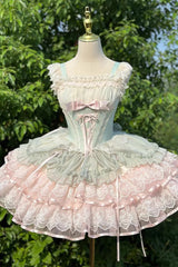 Green [Bale Bebe] Sleeveless Triple-Layered Ruffled Bow Lace-Up Sweet Ballet Lolita Dress - Product - 3