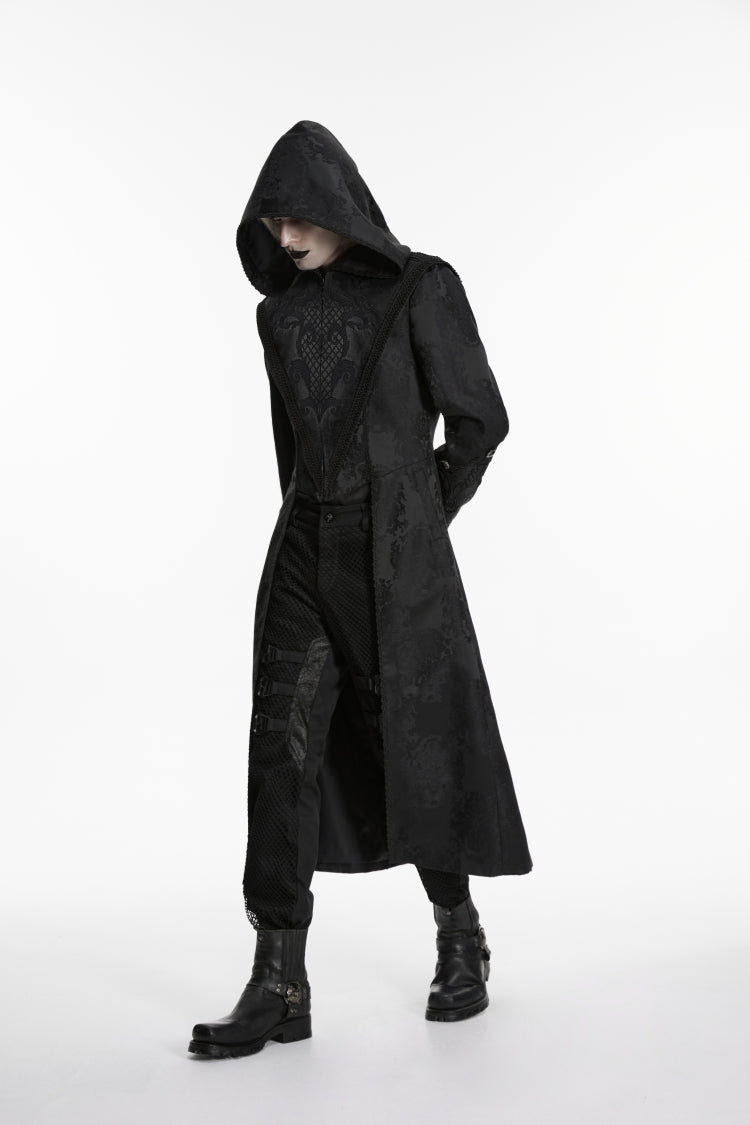 Black Long Sleeves Jacquard Embroidered Spliced Lace Hooded Color-Blocked Men's Punk Cool Coat - Product - 5