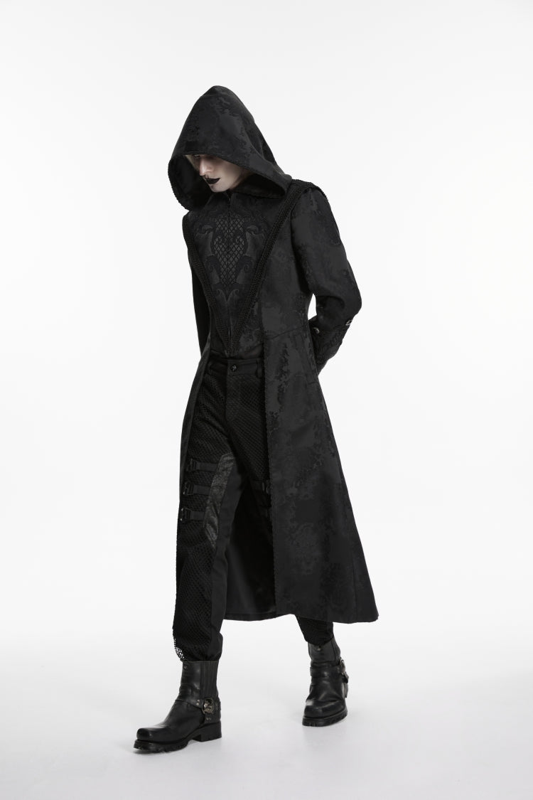 Black Long Sleeves Jacquard Embroidered Spliced Lace Hooded Color-Blocked Men's Punk Cool Coat - Product - 5