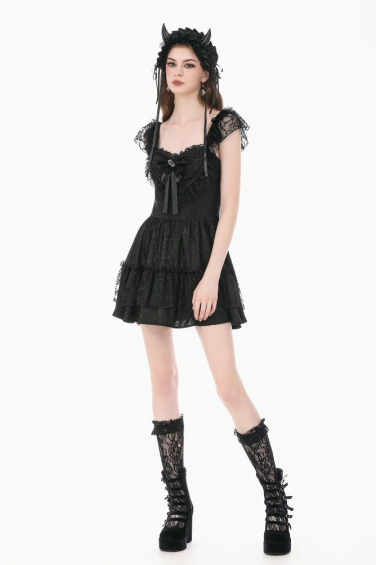 Black Flutter Sleeves Jacquard Bowknot Lace Ruffled Lace-Up Women's Gothic Cake Mini Dress - Product - 11