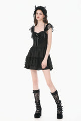 Black Flutter Sleeves Jacquard Bowknot Lace Ruffled Lace-Up Women's Gothic Cake Mini Dress - Product - 11