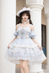 Light Blue [Rose Of The Night Sea And Starry Sky] Off Shoulder Multi-Layered Ruffle Embroidery Sweet Lolita Dress - Product - 5