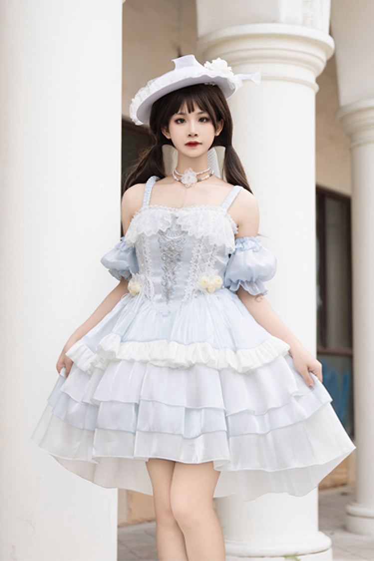 Light Blue [Rose Of The Night Sea And Starry Sky] Off Shoulder Multi-Layered Ruffle Embroidery Sweet Lolita Dress - Product - 5