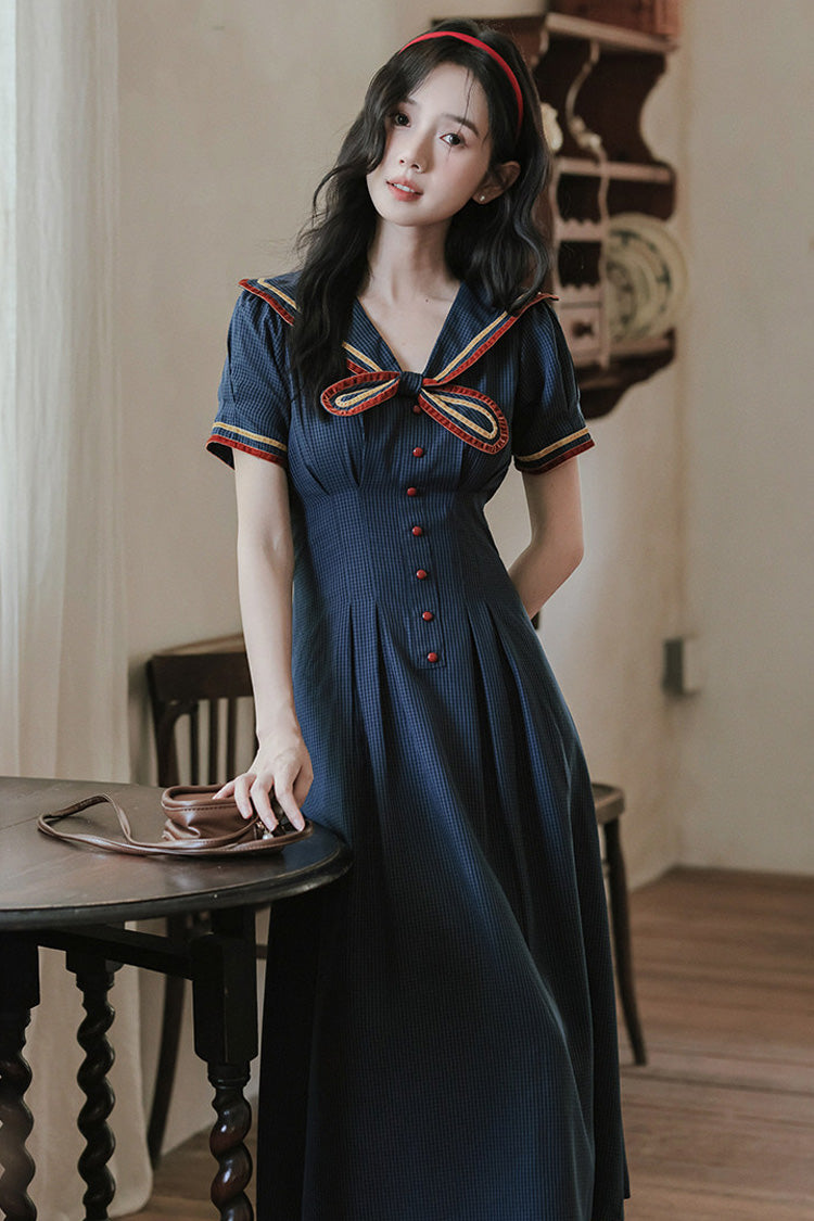 Dark Blue Navy Collar Short Sleeves Subtle Pattern Bow Classic College Style Lolita Dress - Dark-Blue - 1