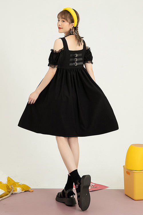 Black Puff Short Sleeve High Waisted Two Ways To Wear Before And After Sweet Lolita Dress - Product - 7