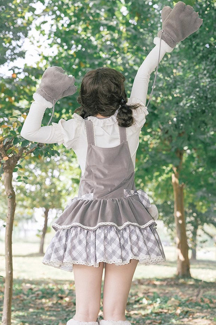 Grey Cute Grizzly Bear Plaid Print Bowknot Sweet Lolita Jsk Dress - Product - 8