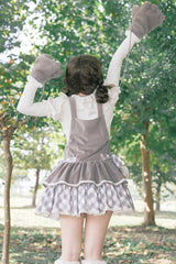 Grey Cute Grizzly Bear Plaid Print Bowknot Sweet Lolita Jsk Dress - Product - 8