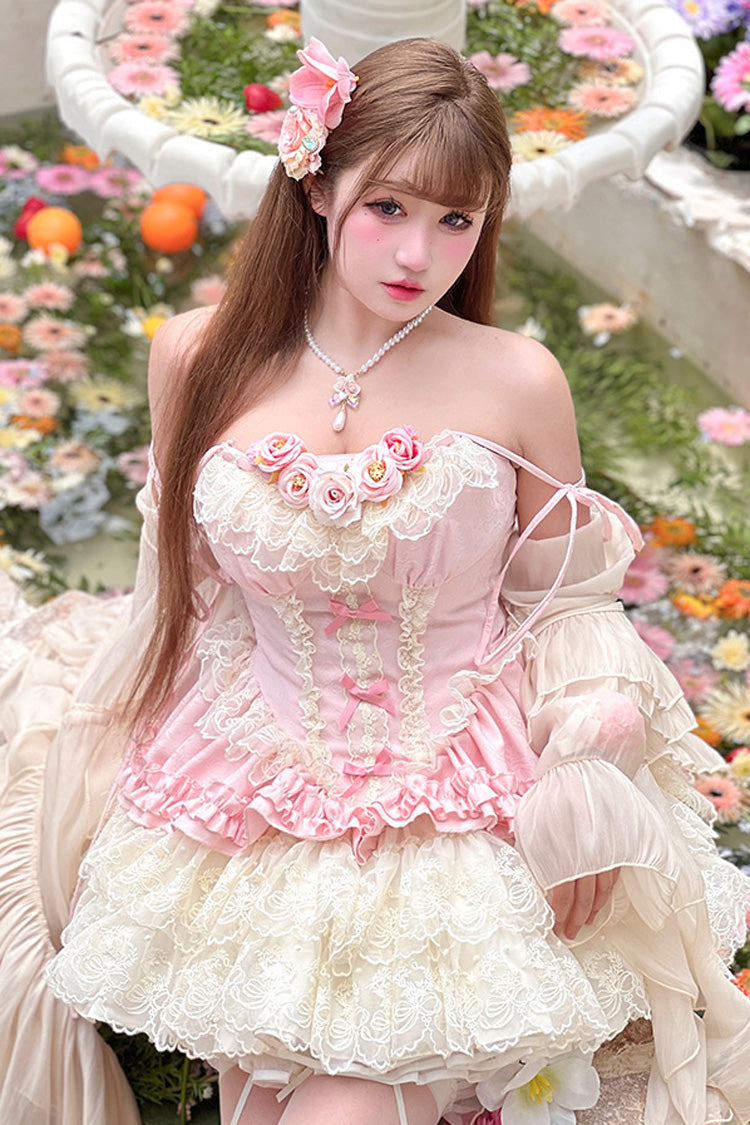 Pink [Pure Dream Flower Love] Multi-Layered Ruffle Embroidery Bowknot Lace Sweet Lolita Jsk Dress - Product - 12