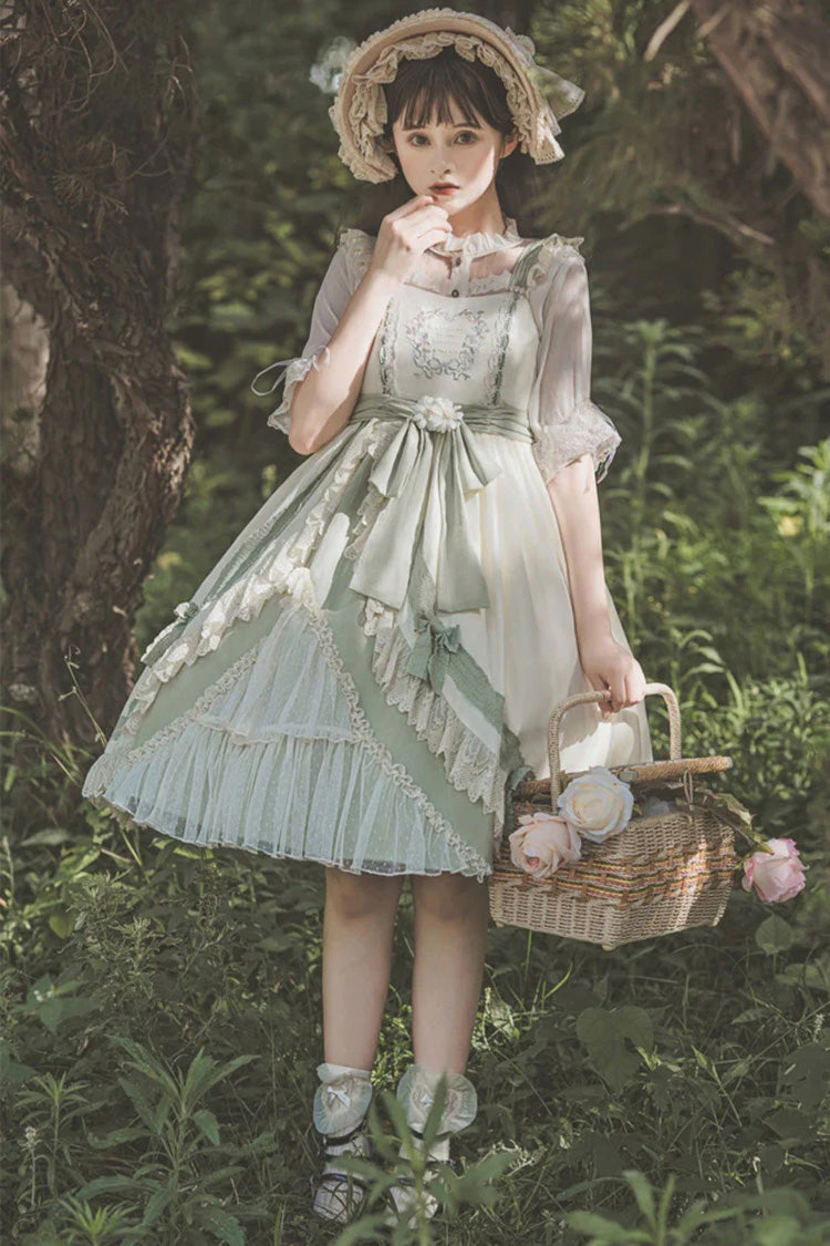 White/Green Country Style Daisy Poem Elegant Boat Neck High Waisted Sweet Lolita Jsk Dress - Product - 2