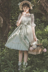 White/Green Country Style Daisy Poem Elegant Boat Neck High Waisted Sweet Lolita Jsk Dress - Product - 2
