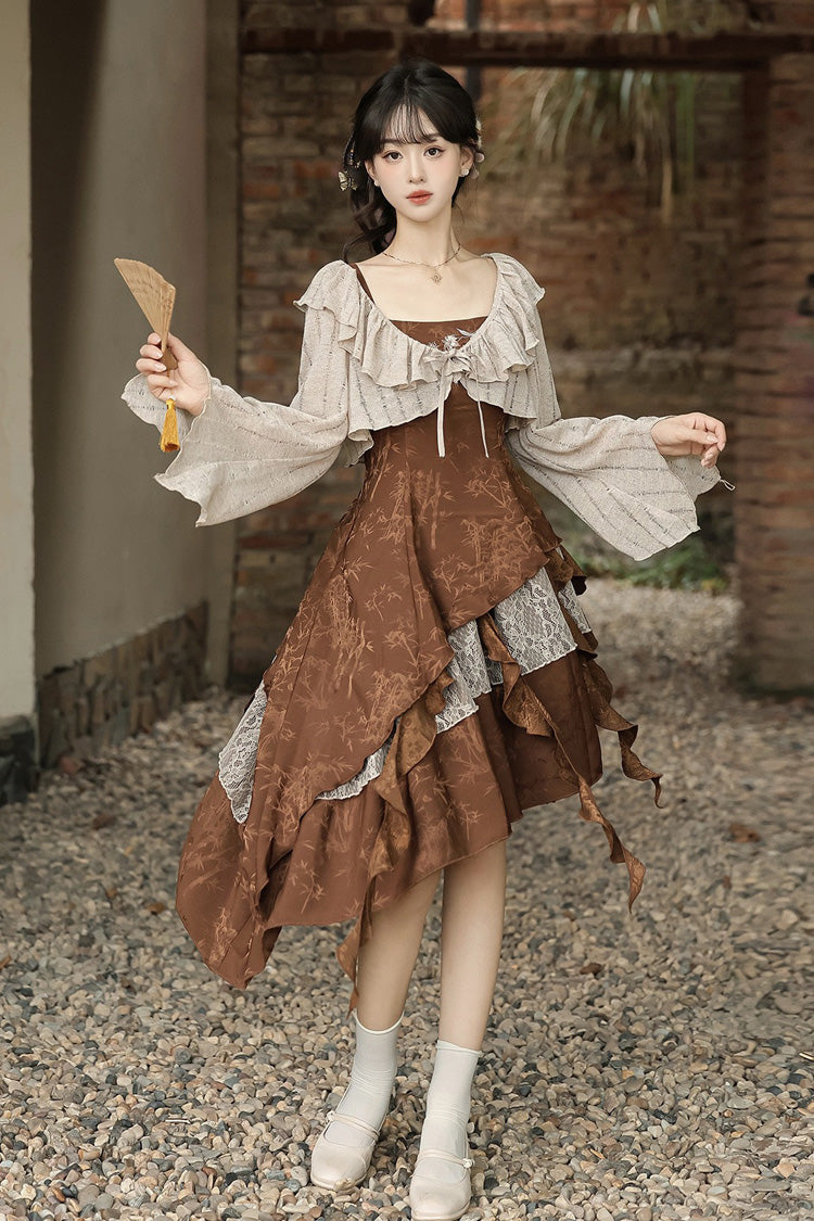 Brown [Dune Traveler] Printed Ruffled Spliced Asymmetric Punk Vintage Lolita Jsk Dress Set - Product - 10
