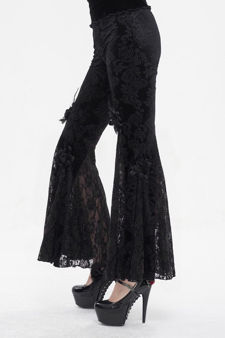 Black Printed Lace Embroidered Women's Gothic Flared Pants - Product - 2