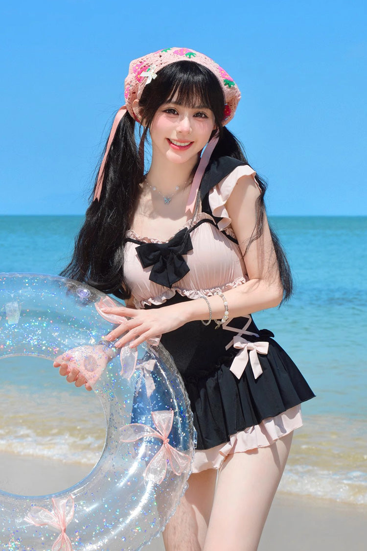 Black/Pink Ruffle Bowknot Lace-Up Sweet Lolita One-piece Swimsuit - Product - 2