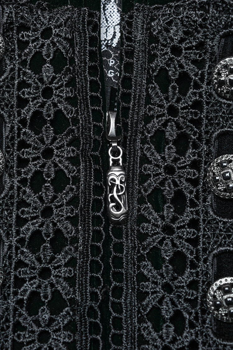 Black/Green Long Puff Sleeves Floral Embroidery Women's Gothic Coat - Product - 6