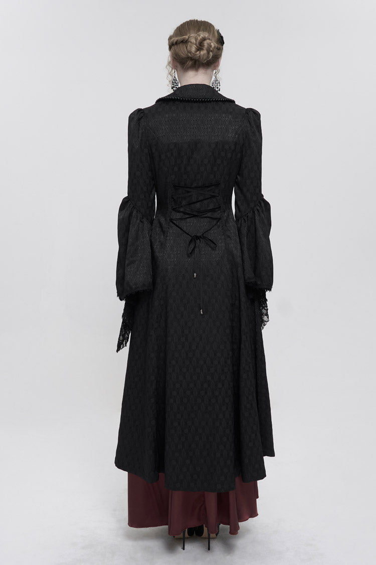 Black Jacquard Short Front Long Back Lapel Bead And Chain Trim Large Cuffs With Lace Trim Back Strap Thin Long Women's Gothic Coat - Product - 5