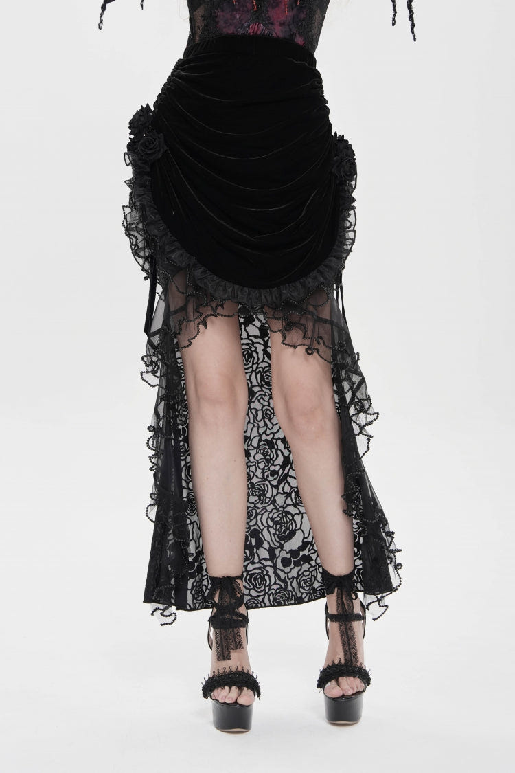 Black Embroidered Rose Lace-up Irregular Women's Gothic Hem Skirt - Product - 13