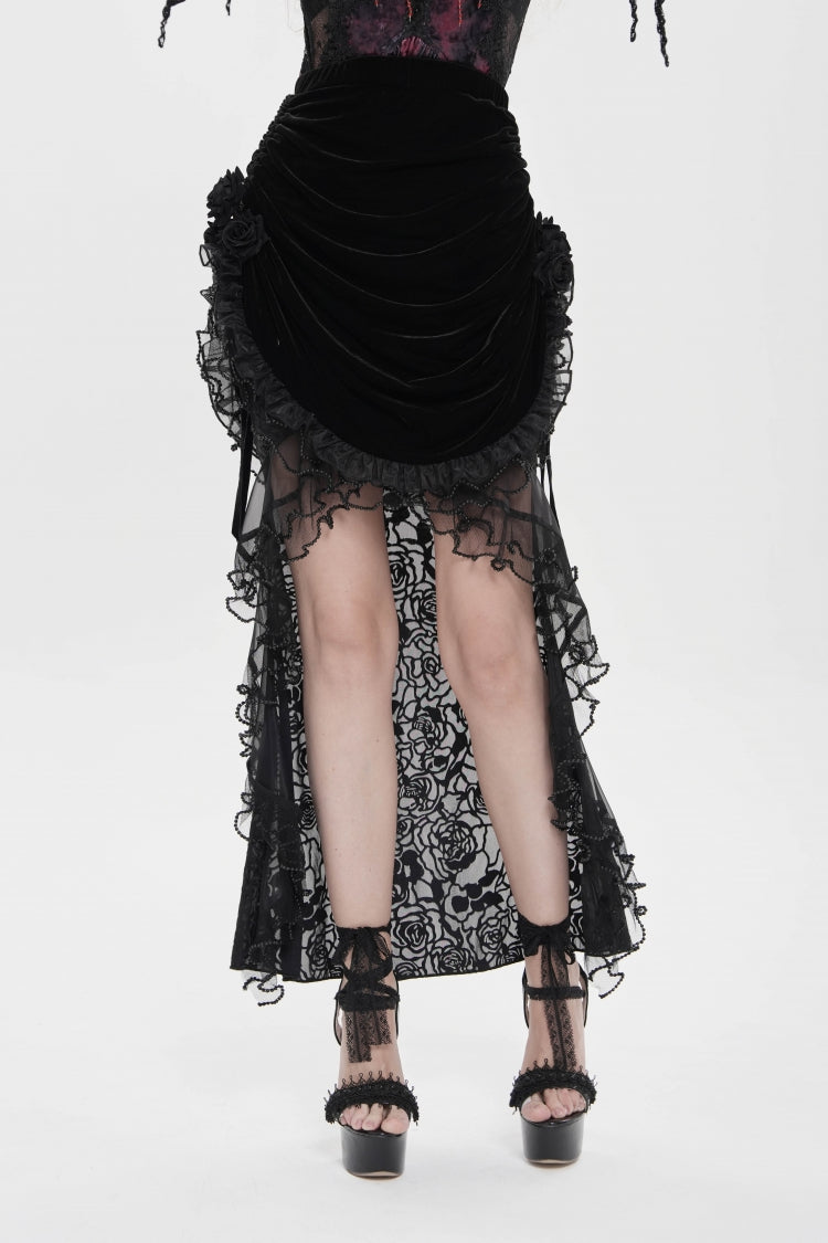 Black Embroidered Rose Lace-up Irregular Women's Gothic Hem Skirt - Product - 13