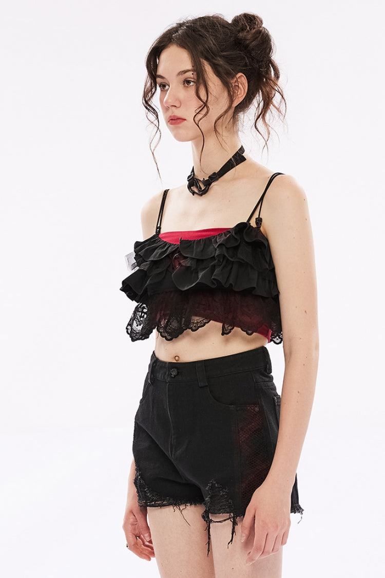 Black Multi-layer Hollow Stitching Lace Women's Gothic T-Shirt - Product - 2